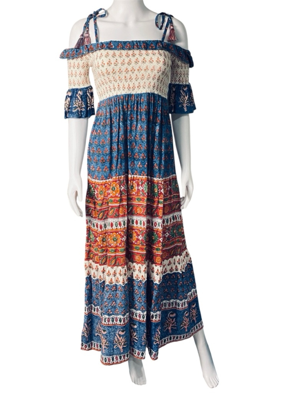 Faherty Tiered Boho Maxi Dress in Blue, Cream & Red